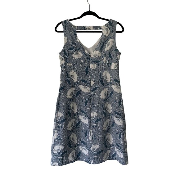 Anni Kuan Floral Blue White Linen Sleeveless Mini Sheath Dress Size 4 V-Neckline - Picture 6 of 6